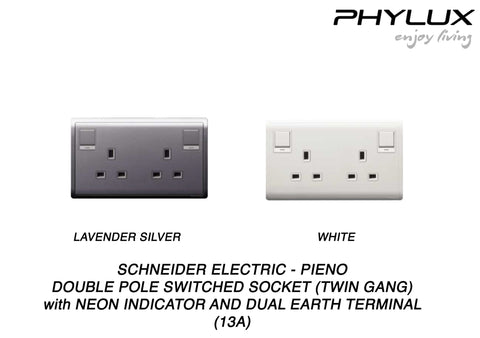 Schneider Electric - PIENO - Switched Sockets (Double Pole) with Neon and Dual Earth Terminal (13A / 250V / 2GANG) - ebuy.com.sg
