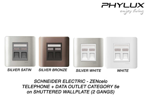 Schneider Electric - ZENcelo - Telephone + Data Outlet Category 5e on Shuttered Wallplate (2GANGS) - ebuy.com.sg