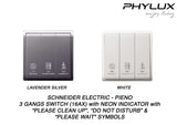 Schneider Electric - PIENO - Hotel Series: Switch (16AX / 3GANG) with Neon Indicator with "Privacy", "Please Clean Up" & "Please Wait " Symbols - ebuy.com.sg