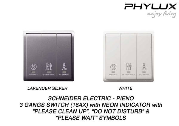 Schneider Electric - PIENO - Hotel Series: Switch (16AX / 3GANG) with Neon Indicator with "Privacy", "Please Clean Up" & "Please Wait " Symbols - ebuy.com.sg