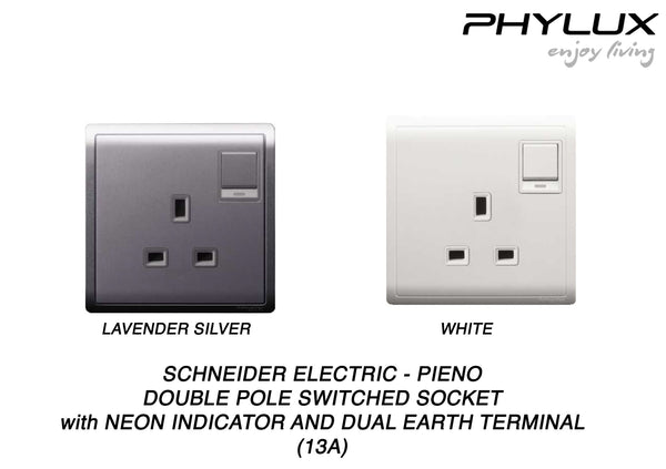 Schneider Electric - PIENO - Switched Socket (Double Pole) with Neon Indicator and Dual Earth Terminal (13A / 250V / 1 Gang) - ebuy.com.sg