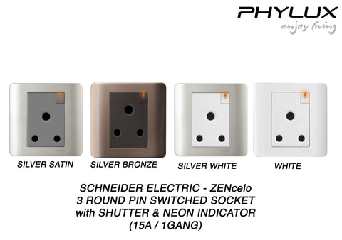 Schneider Electric - ZENcelo - 3 Round Pin Switched Socket with Shutter and Neon Indicator (15A / 1GANG) - ebuy.com.sg