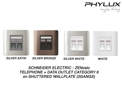 Schneider Electric - ZENcelo - Telephone + Data Outlet Category 6 on Shuttered Wallplate (2GANGS) - ebuy.com.sg