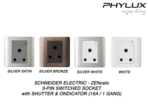Schneider Electric - ZENcelo - 3 Round Pin Switched Socket with Shutter and Ondicator (15A / 1GANG) - ebuy.com.sg